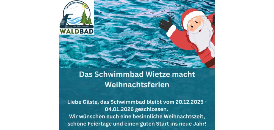 🎄 Weihnachtspause im Dr. Erich Bunke Bad! 🎄 Das Waldbad bleibt vom 21.12. bis einschließlich 05.01.2025 geschlossen. ✨ Die Gemeinde Wietze wünscht eine besinnliche Weihnachtszeit und einen guten Start ins neue Jahr! 🥂🎅 Wir freuen uns, euch ab dem 06. - 1 🎄 Weihnachtspause im Dr. Erich Bunke Bad! 🎄 Das Waldbad bleibt vom 21.12. bis einschließlich 05.01.2025 geschlossen. ✨ Die Gemeinde Wietze wünscht eine besinnliche Weihnachtszeit und einen guten Start ins neue Jahr! 🥂🎅 Wir freuen uns, euch ab dem 06. - 1